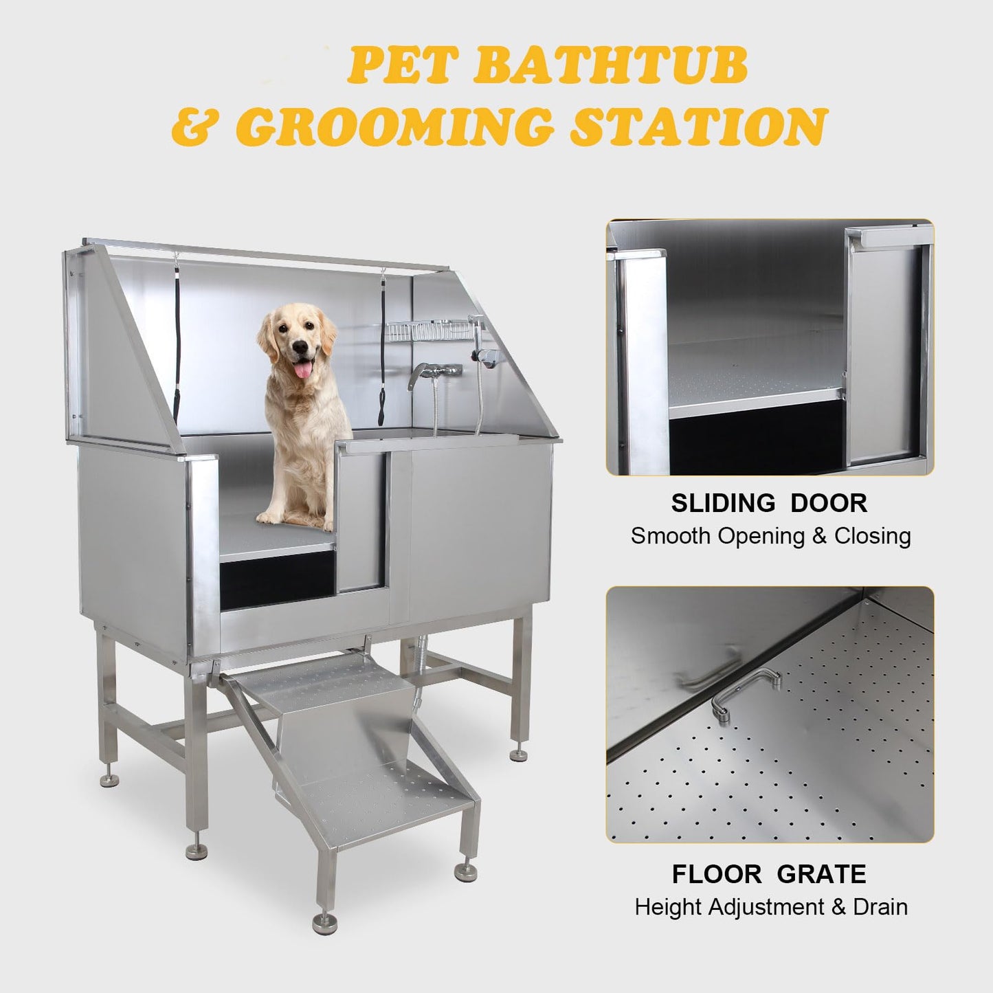 GarveeLife 50 in Dog Grooming Tub, Professional Bathtub with Retractable Stairs, Stainless Steel Pet Grooming Tub for Small & Large Dog, Lefe Door