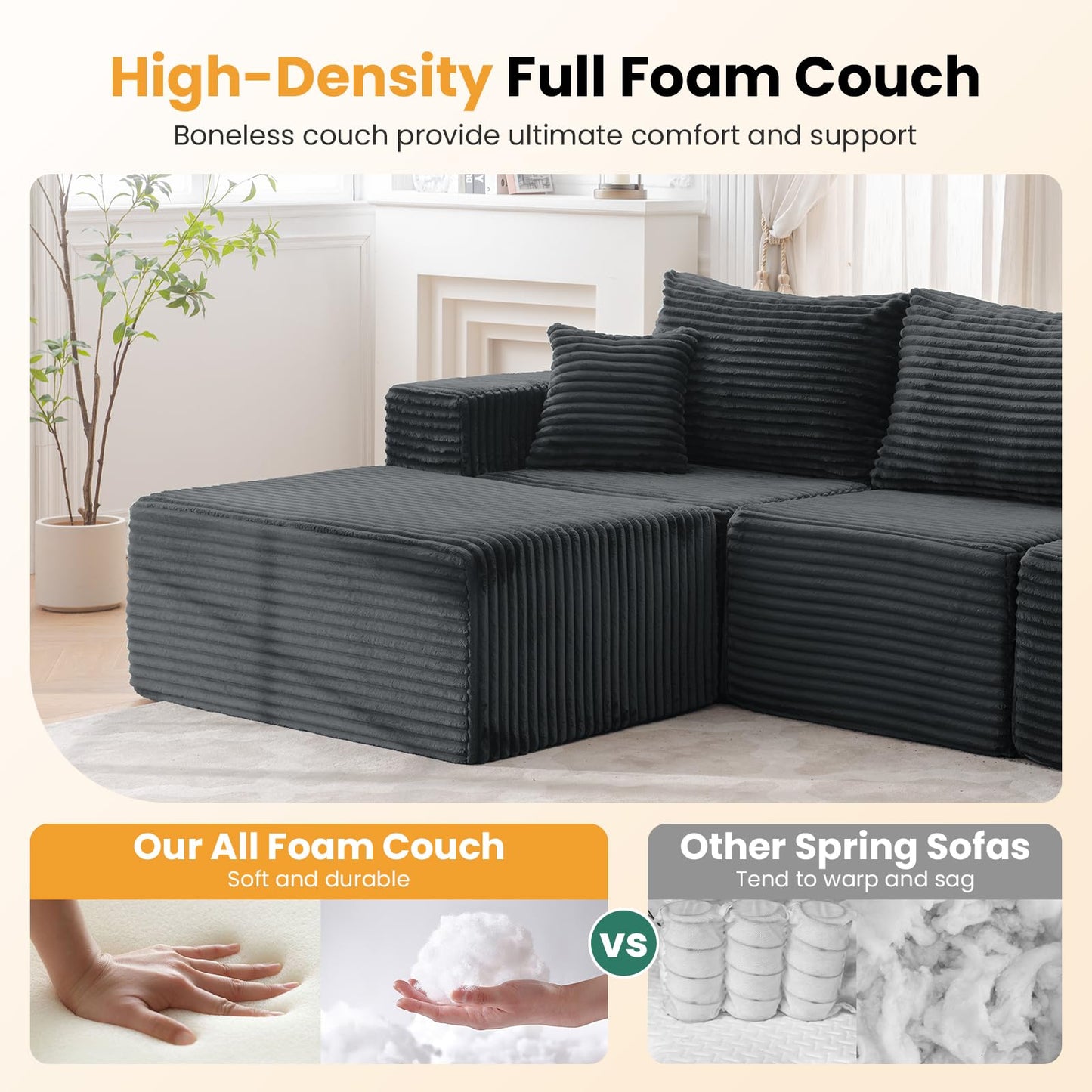 136" U Shaped Cloud Couch Modular Sectional Sofa with Deep Seat, 6 Seater Corduroy Couches, Boneless Couch with 2 Removable Ottomans, Sectional Couches for Living Room, No Assembly Required, Grey