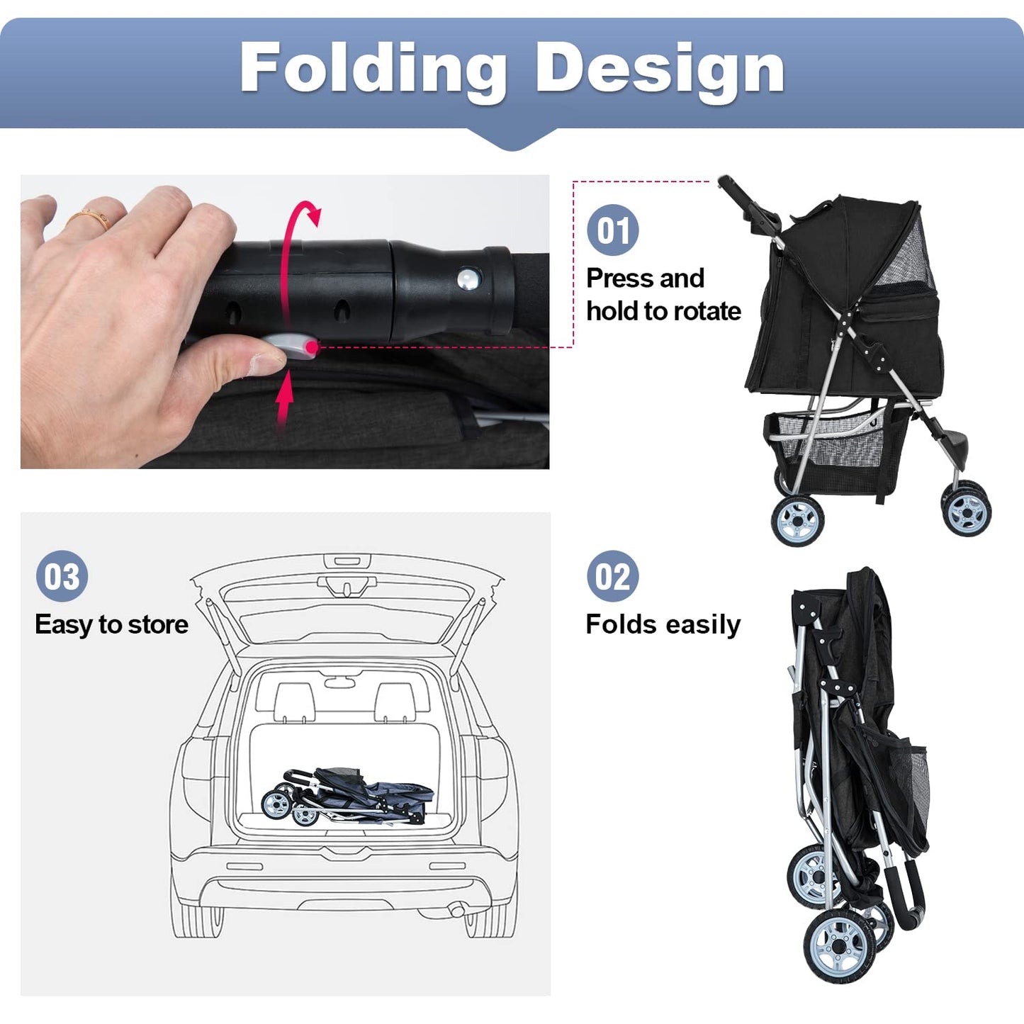 BestPet Pet Stroller Dog Cat Jogger Stroller for Medium Small Dogs Cats Folding Lightweight Travel Stroller with Cup Holder (Black, 3 Wheels)