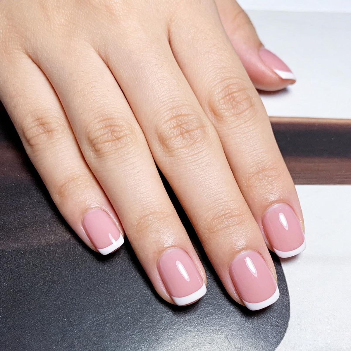 24 Pcs Square Press on Nails White French Tip Fake Nails with Designs Glossy Pink False Nail Stick on Nails Cute Petite Short Full Cover Pure Acrylic Nail for Women Manicure Decorations