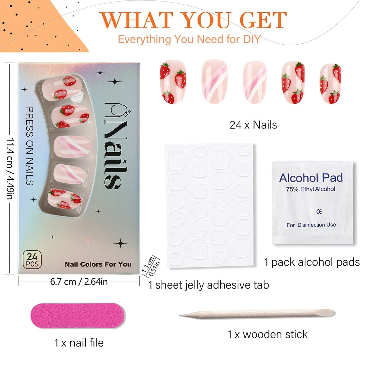 Cute Pink Press on Nails Short Oval Acrylic Fake Nails Sweet Strawberry False Nails with Stripes Design Glossy Artificial Glue on Nail Full Cover Stick on Nails for Women and Girls 24 Pcs