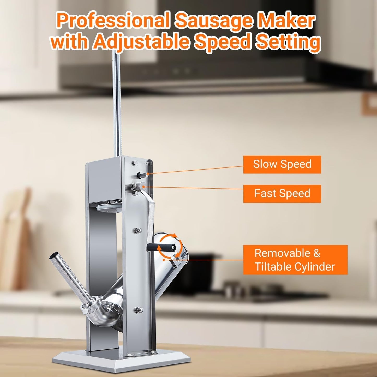 Manual Stainless Steel Sausage Maker, 10L Capacity Meat Stuffer with Dual Speed and 5 Stuffing Tubes, Heavy Duty Sausage Filler for Home Kitchen and Commercial Use