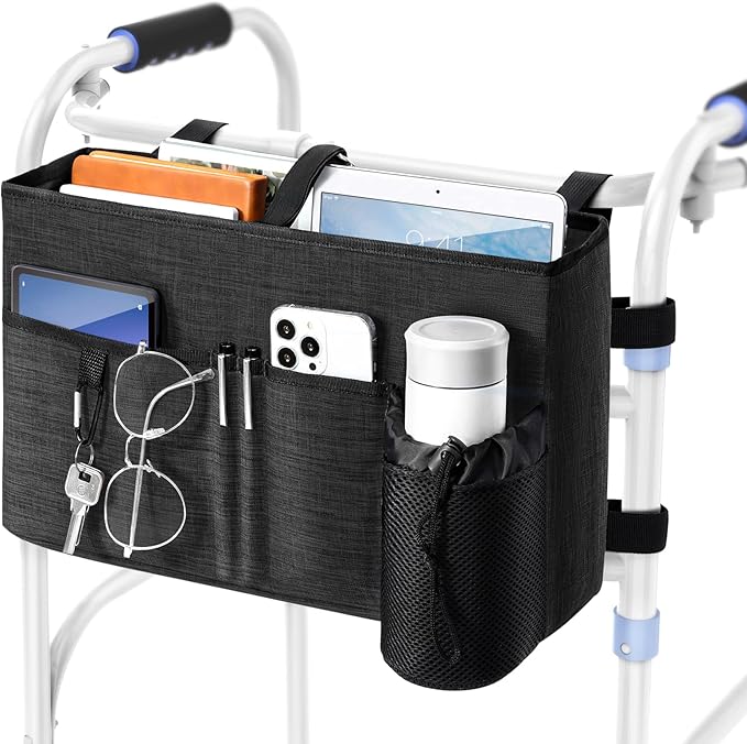 Rhino Valley Walker Bag, Secure Fit Walker Basket with Cup Holder, Large Capacity Foldable Walker Accessories for Seniors, Detachable Folding Walker Pouch Organizer for Older Elderly Gifts, Black