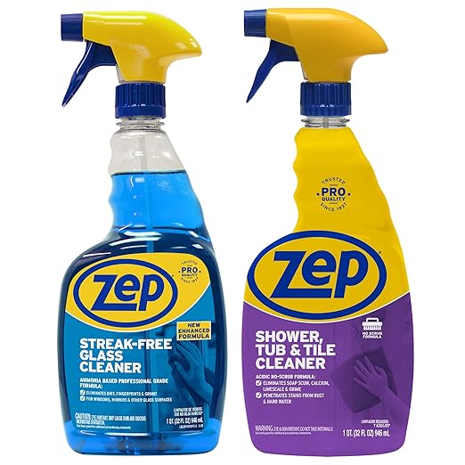 Zep Shower Tub & Tile Cleaner 32 oz (1 Unit) and Zep Streak-Free Glass Cleaner 32 oz (1 Unit) ECBD054 â Tub and Tile Cleaner with Glass Cleaner for Soap Scum and Shower Glass