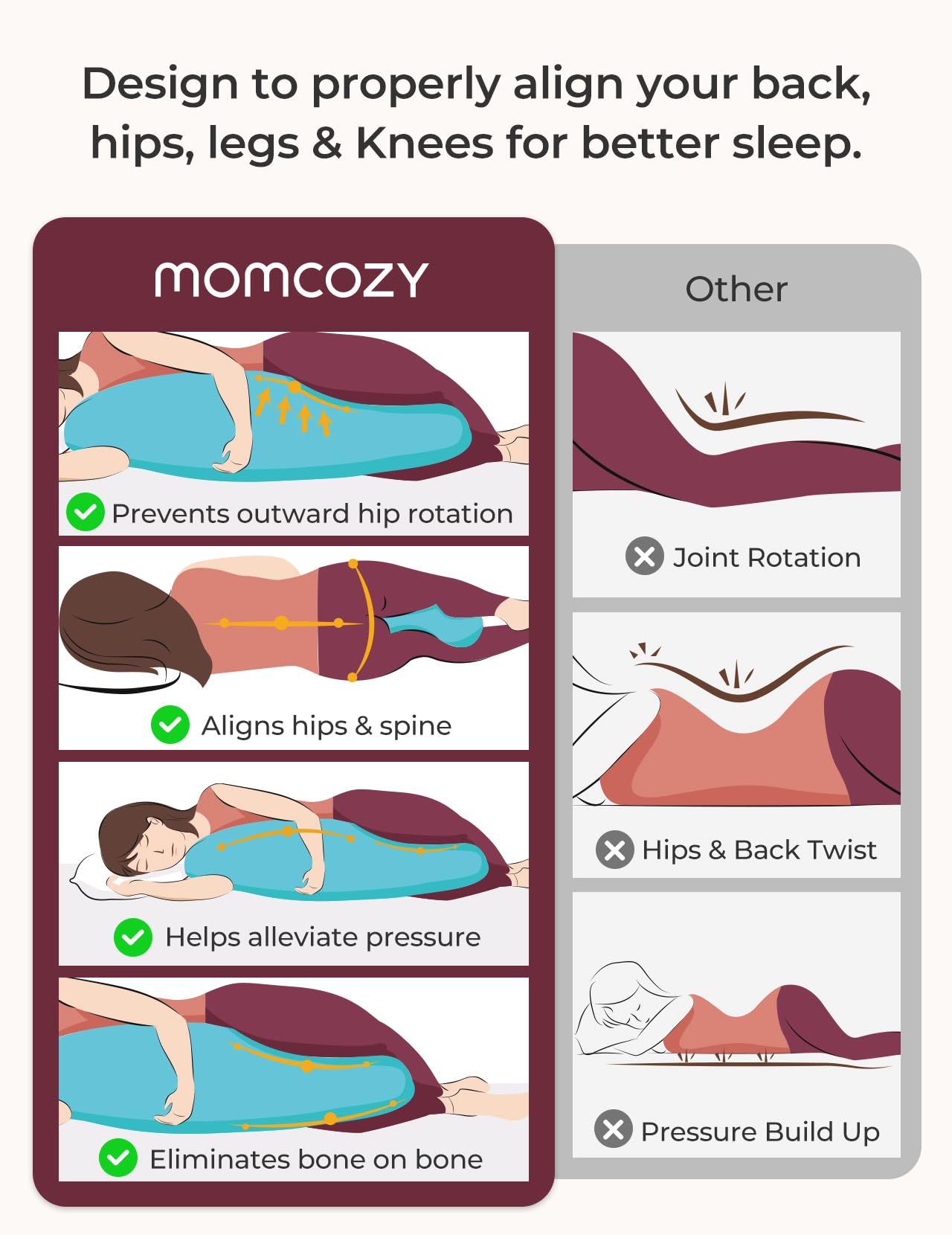 Momcozy Pregnancy Pillows for Side Sleeping, J Shaped Maternity Body Pillow for Pregnancy, Soft Pregnancy Pillow with Jersey Cover for Head Neck Belly Support, Grey