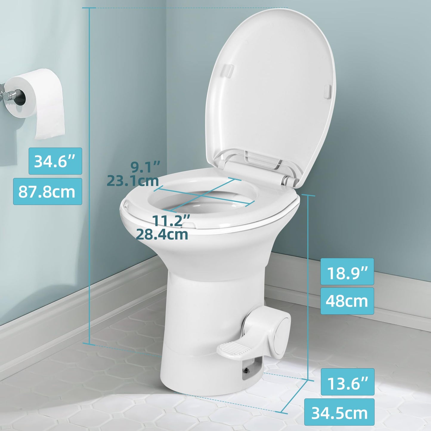 YITAMOTOR RV Toilet with Enamel Bowl, Plastic Toilet Body, Pedal Flush, Gravity Flush Toilet High Profile with Hand Sprayer and Flange for Motorhome Caravan Car Travel