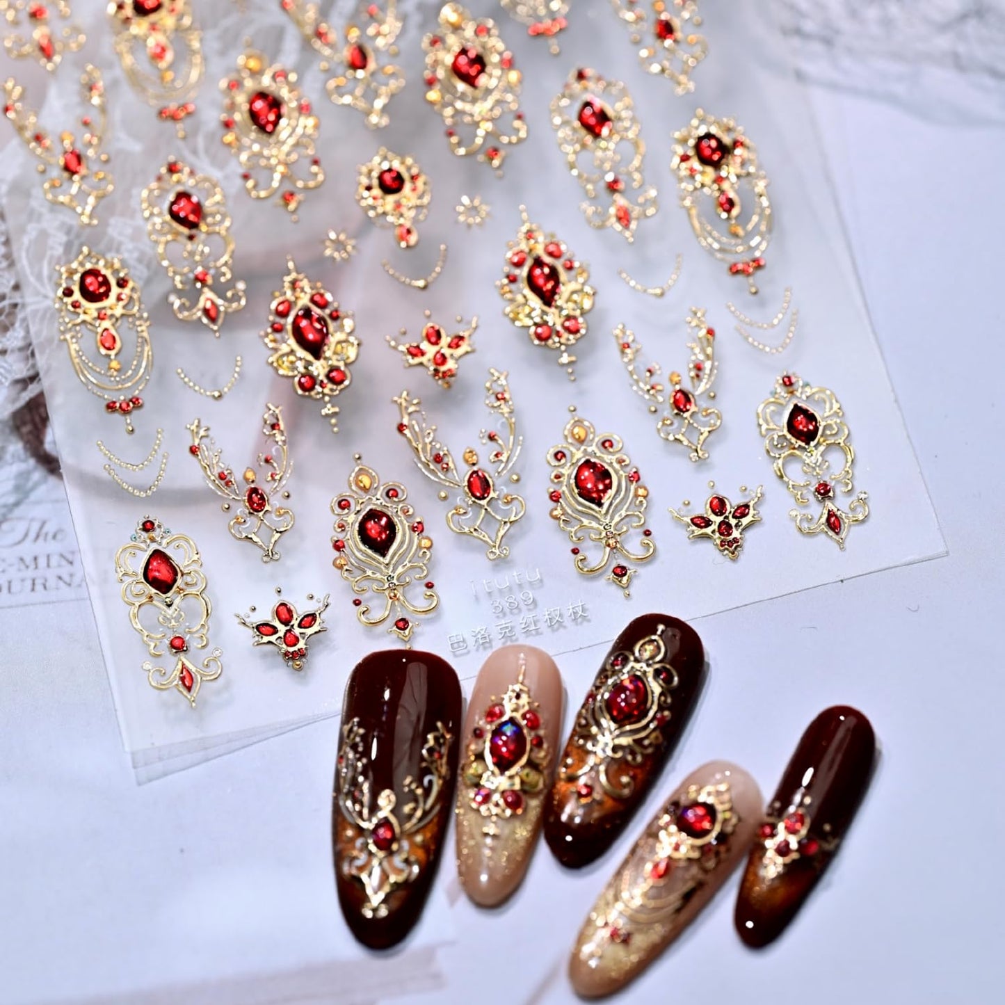5D Embossed Red Gemstone Nail Art Stickers Gold Nail Stickers Gold Red Baroque Nail Decals for Nail Art Gem Nail Design Nail Supplies for Women Girls DIY Manicure Decoration