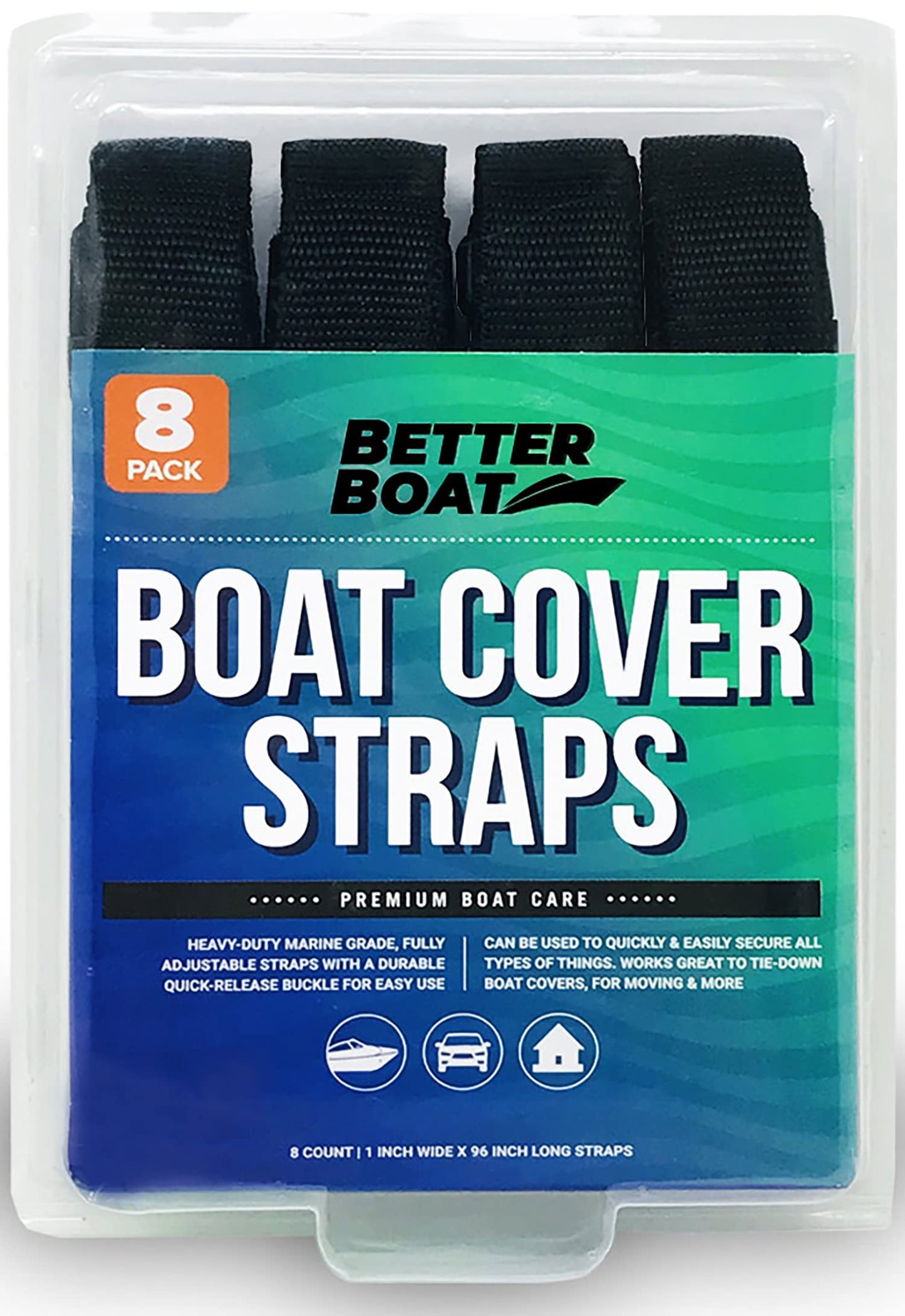 Boat Cover Straps, Adjustable Buckle, 8 Pack, 1" x 96"" Nylon Utility Straps with Quick Release Buckles"