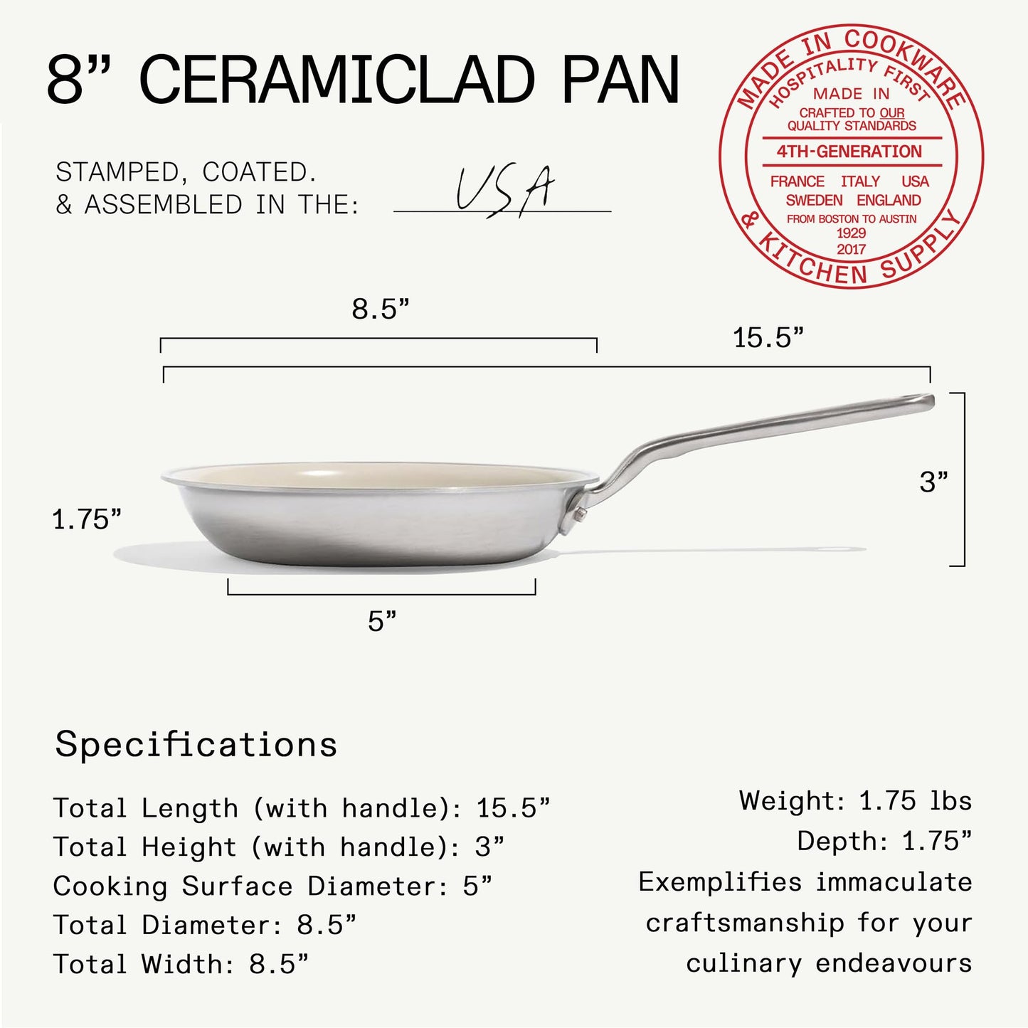 Made In Cookware | 3-Piece (Includes 8", 10", 12") Ceramic Non Stick Frying Pan Set (Stainless Handle) | 5-Ply Stainless Clad with Stay-Cool Handle | Professional Cookware