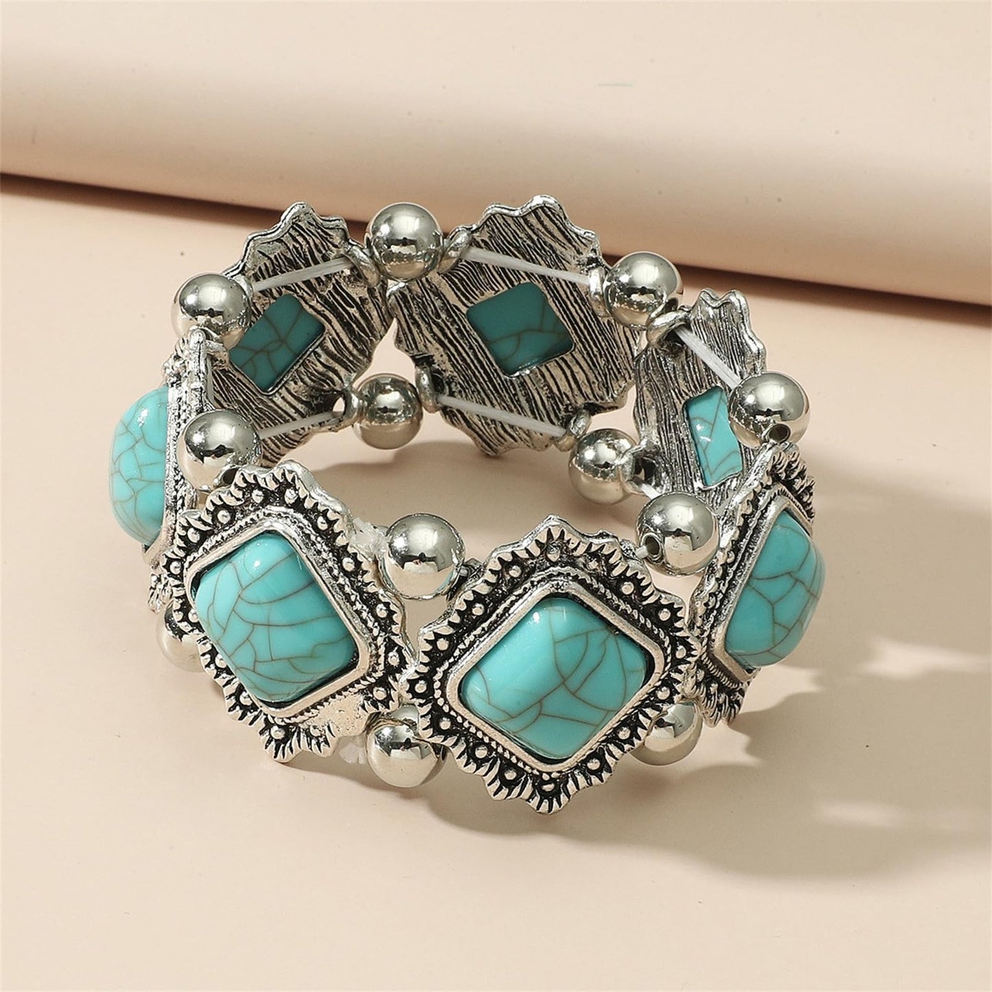 QLYOVWE Turquoise Stone Silver Overlay Link Bracelet for Women Bohemia Gemstone Adjustable Link Bracelets Handmade Link Bracelets Christmas Summer Beach Bracelets Jewelry (Blue)