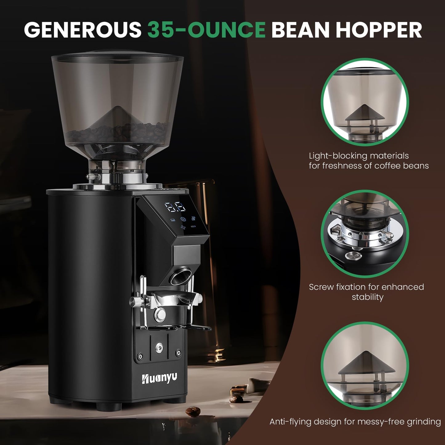 Huanyu Commercial Coffee Grinder - Touchscreen Control, 8 Grind Settings, 64mm Flat Burr, Dual Dosing Modes for Coffee Shops