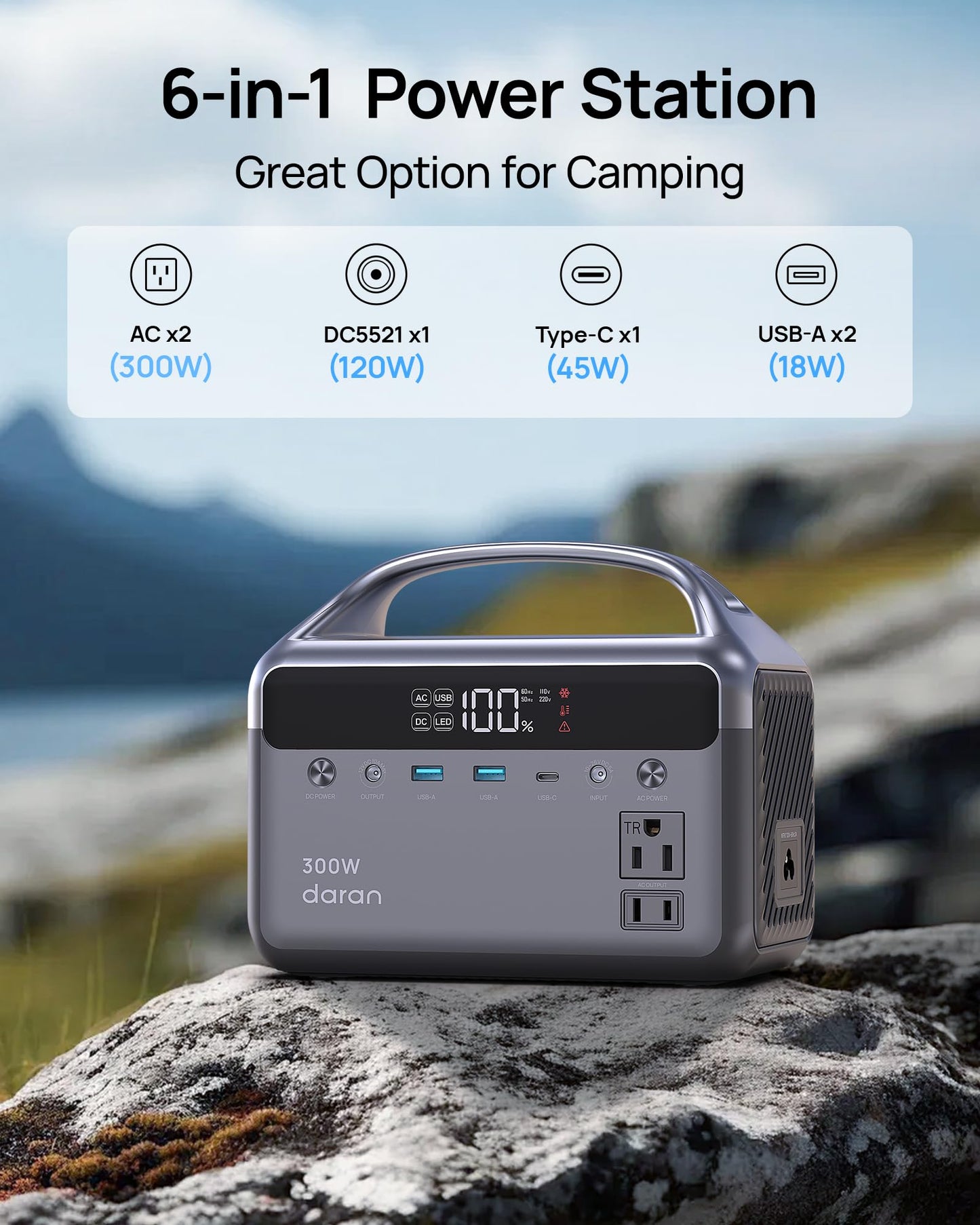 DaranEner Portable Power Station, 300W (Surge 600W) 192Wh(60,000mAh) Power Bank with 110V AC Outlet, LiFePO4 Battery for Home Emergency, Camping, Travel,& Outdoor Electronics(Option Solar Generator)