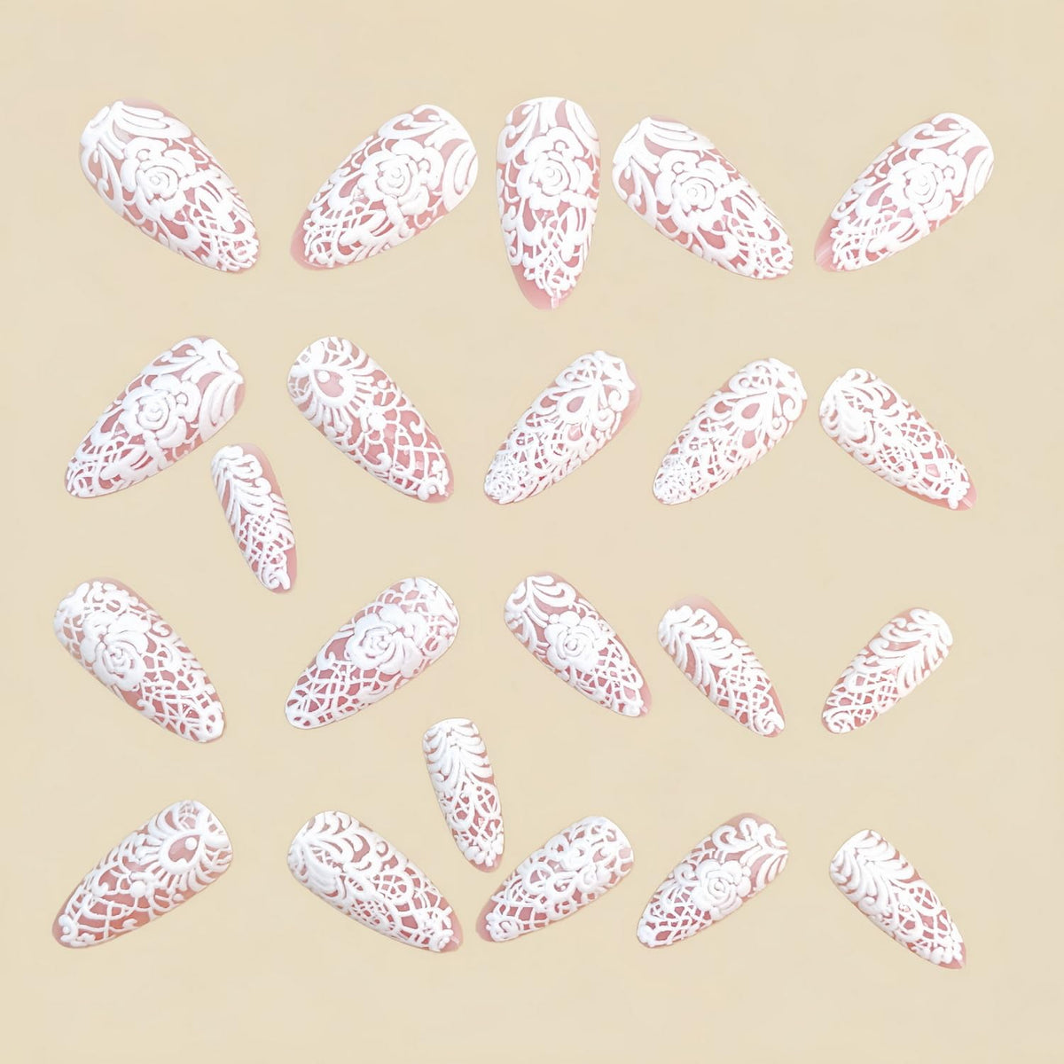 24pcs Almond Press on Nail Medium Length Fake Nails Full Cover White Lace with Flower designs Stick on Nail Glossy Fashion Press ones Spring Summer Glue on Nails for Women False Nails