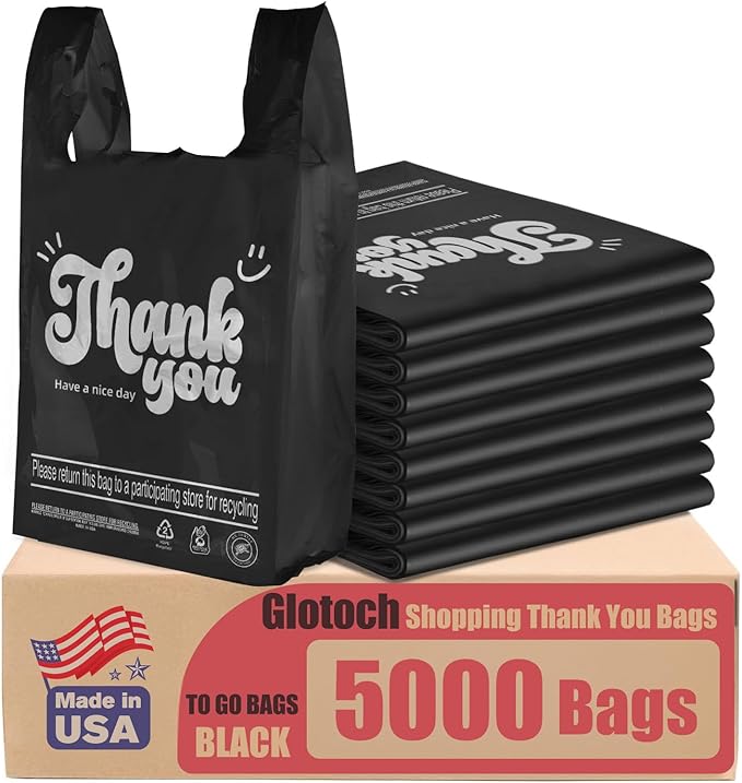 Glotoch 5000 (5K) Count Plastic Thank You T-shirt Bags Black, 11.5 x 6.5 x 21" Grocery Shopping Bags with Handles for Restaurant, Retail, Togo, Takeout, Convenience Stores, in Bulk for Small Business