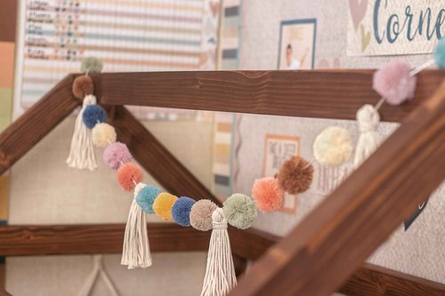 Woven Better Than Paper® Bulletin Board Roll and Teacher Created Resources Everyone is Welcome Pom-Poms and Tassels Garland