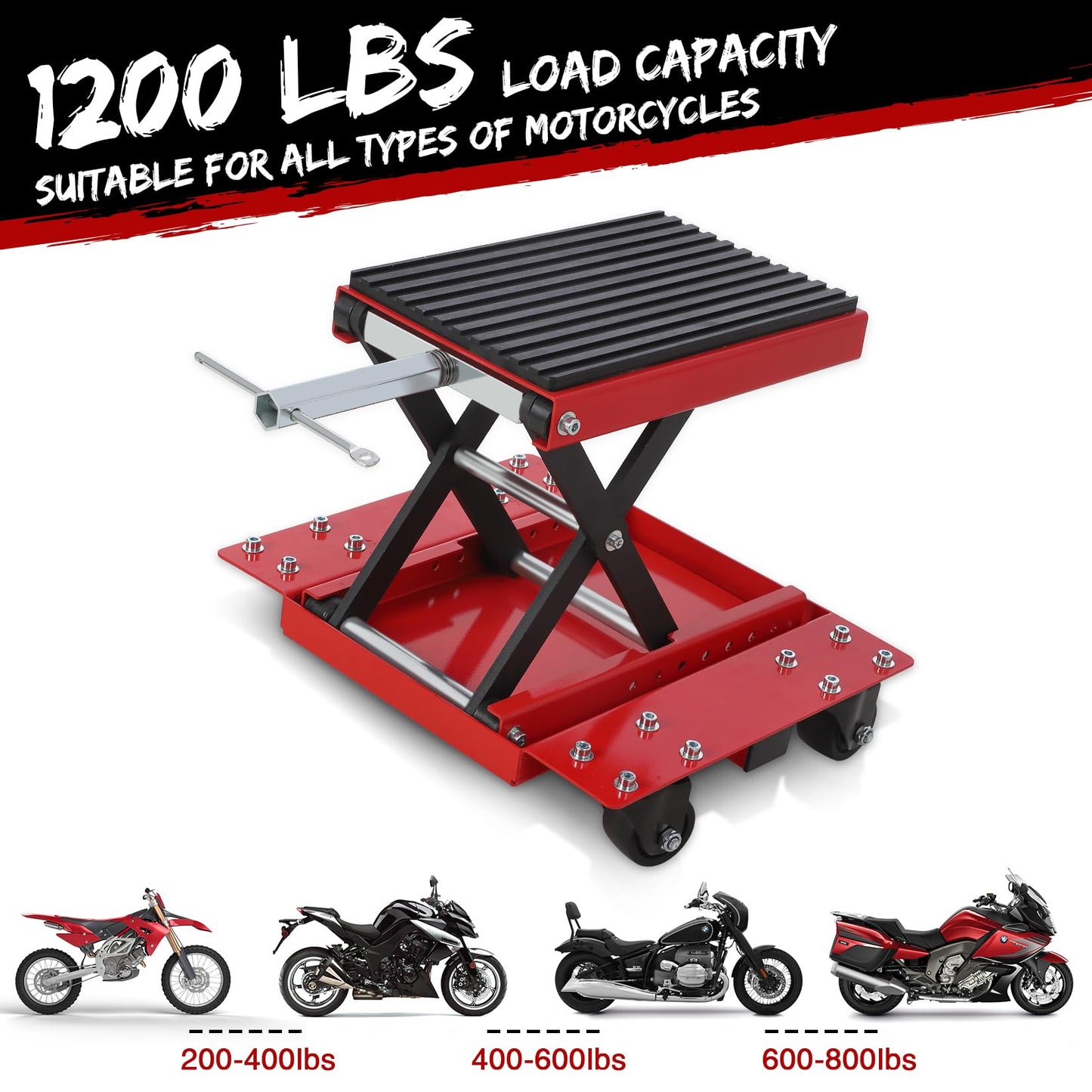 Garvee Motorcycle Lift Jack with Wheels, 1200 LBS Transmission Motorcycle Stand Scissor Jack with Wide Deck & Dolly, Thickened Rubber Pad Dirt Bike Stand Lift for ATV, Bike, Street Cruiser Bikes