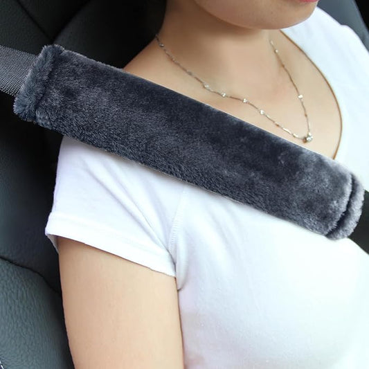Amooca Soft Faux Fur Universal Fit Seatbelt Cover Car Truck SUV Airplane Seat Belt Shoulder Pad for Carmera Backpack Straps Neck Cushion Protector 2 Pack 10.5in Dark Blue Grey