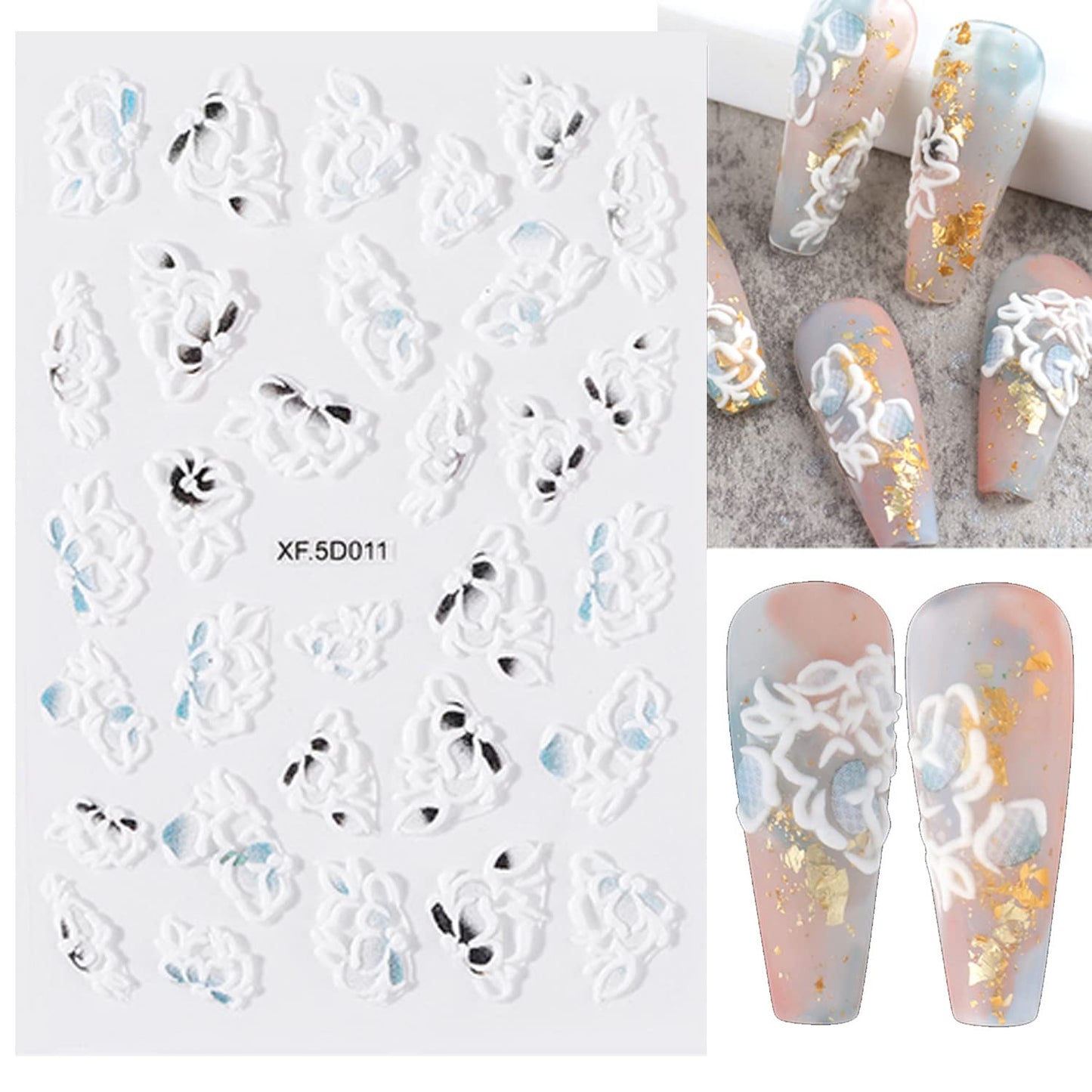 TBRZTR 5D Embossed Flower Nail Art Stickers, 6 Sheets, Self-Adhesive, Paper, Multi, for Women Girls Manicure Tips Charms Decoration