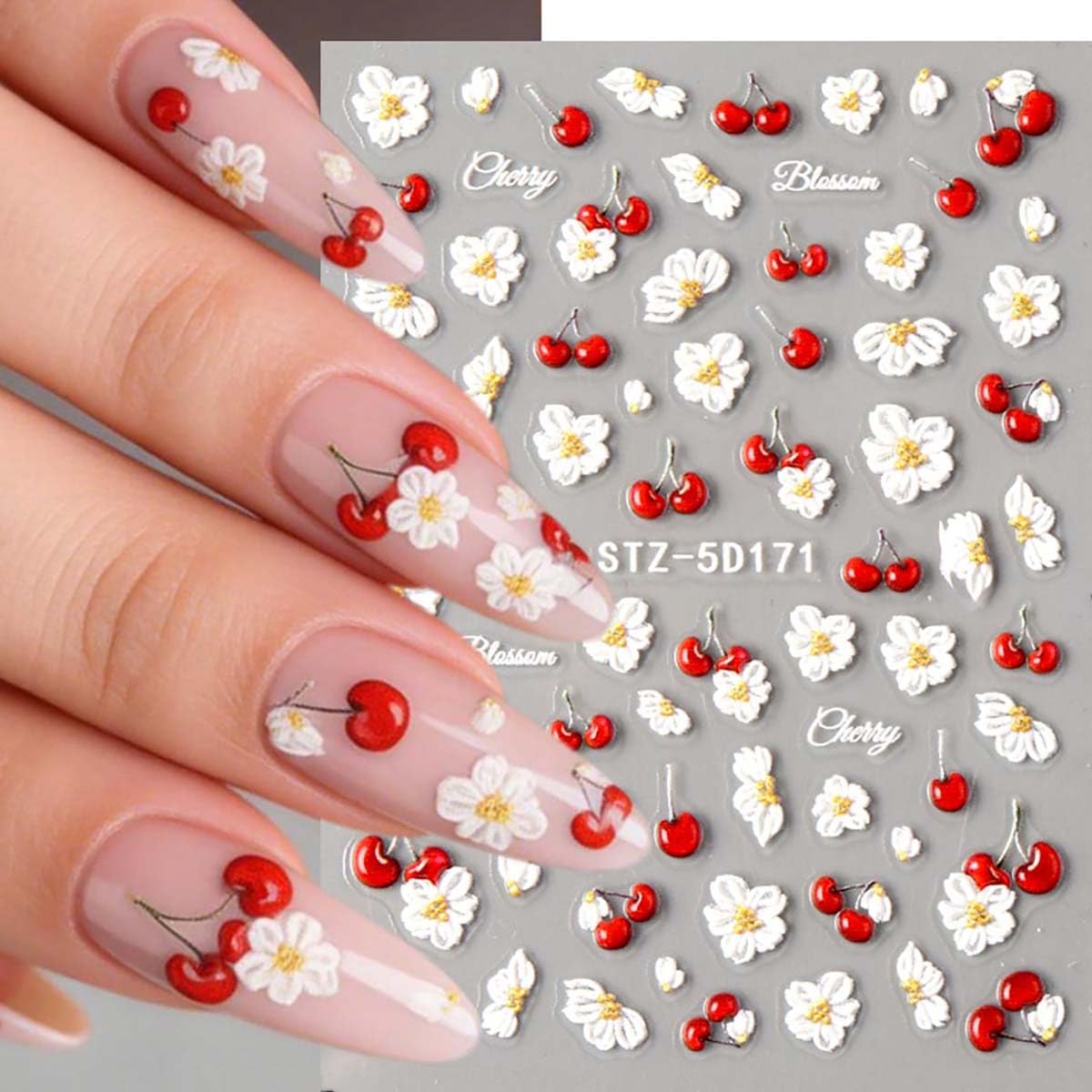 3 Sheets Flower Nail Stickers Cherry Lily Nail Decals 5D Self-Adhesive White Blue Pink Gradient Floral Nail Art Stickers Spring Summer Nail Decoration for Women DIY Manicure Supplies