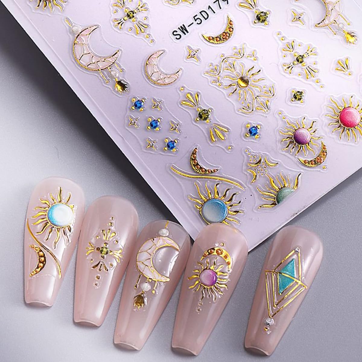 5D Embossed Star Sun Nail Art Stickers Flower Nail Decals Self-Adhesive Bohemian Style Nail Stickers Nail Designs Decoration for Women Girls Nail Art Supplies 2 Sheets