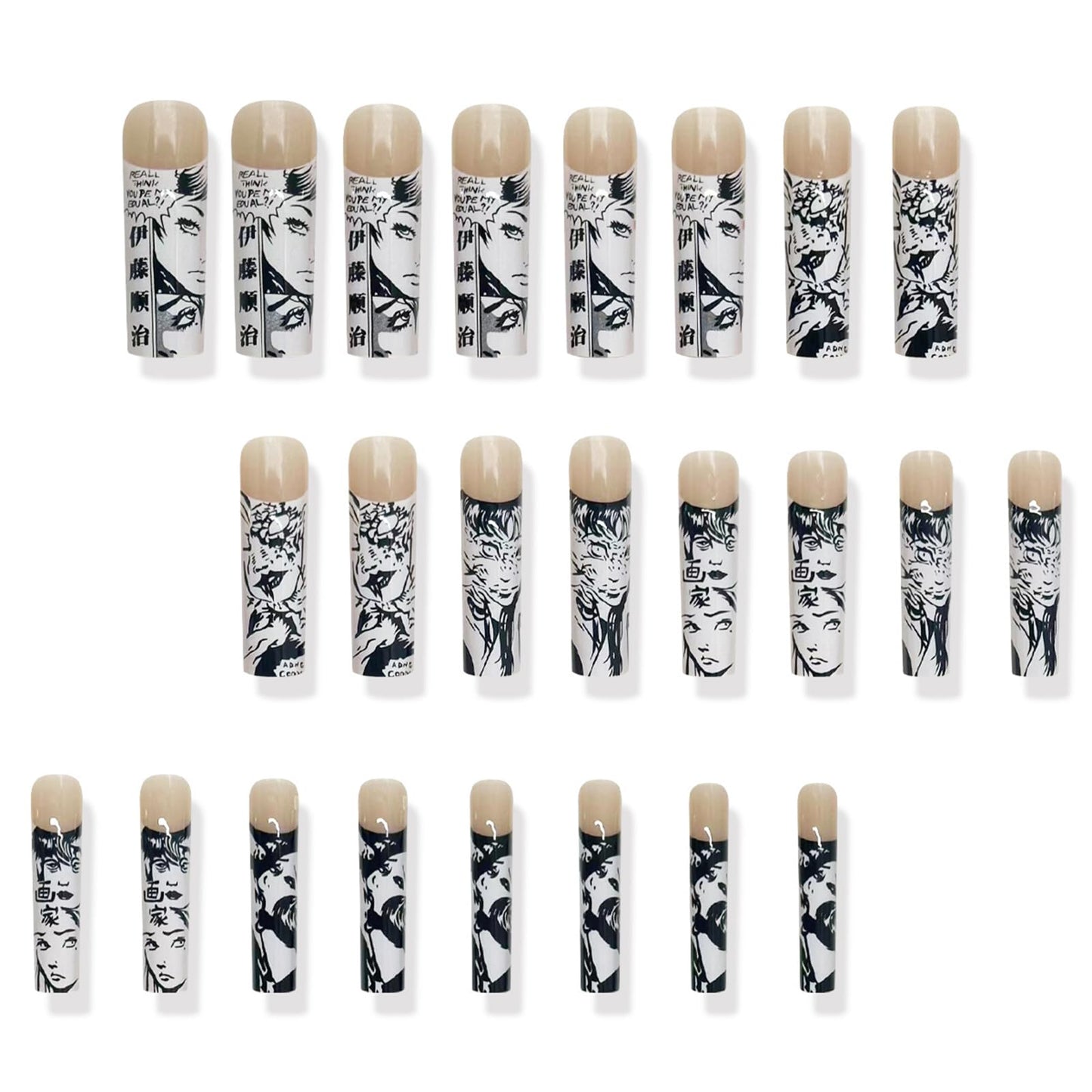 IMRAIN Press on Nails Long Square Fake Nails Black White French Tips, Anime Graffiti Artificial Stick on False Nails Full Cover Gel Acrylic Nails for Women Girls 24Pcs