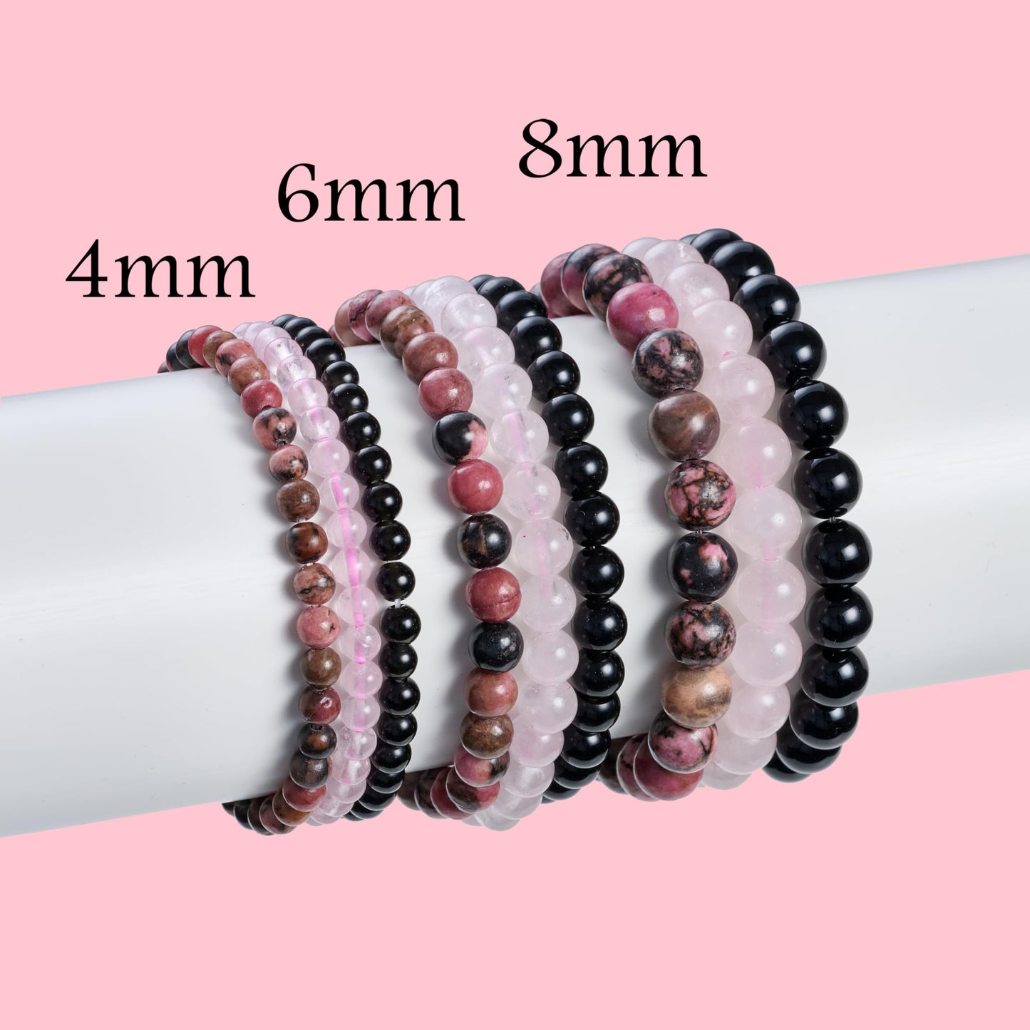 Bivei 3-Piece 8mm Beaded Bracelets for Women – Rhodonite, Rose Quartz, Black Obsidian – Handmade Natural Crystal Stretch Elastic Jewelry for Meditation, Yoga, Protection Gifts