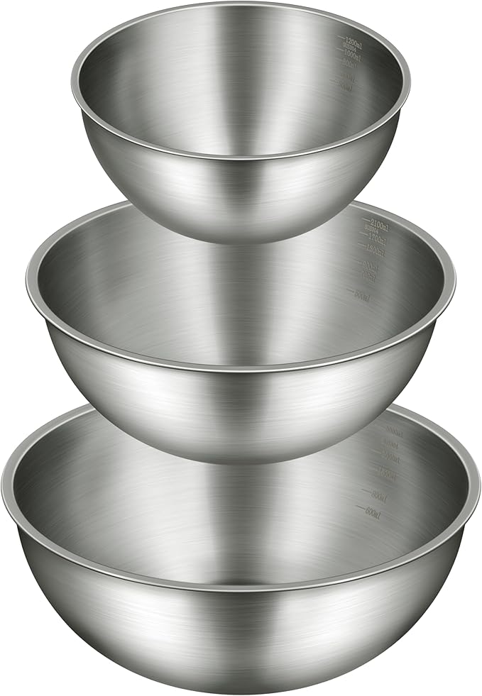 Gronivex Metal Mixing Bowls, 304 Stainless Steel, Set of 3 (1.5, 2.2 & 3.4 Qt) â Thicker-Gauge, Stackable Nesting & Space-Saving â Classic Everyday Bowls for Baking, Salad Prep & Cooking
