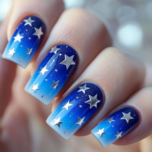 Star Press on Nails Medium Square Fake Nails Gradient Blue Acrylic Nails Press ons with Twinkle Stars Design Starry Sky Artificial Nail Reusable Stick on Nails for Women Manicure 24Pcs