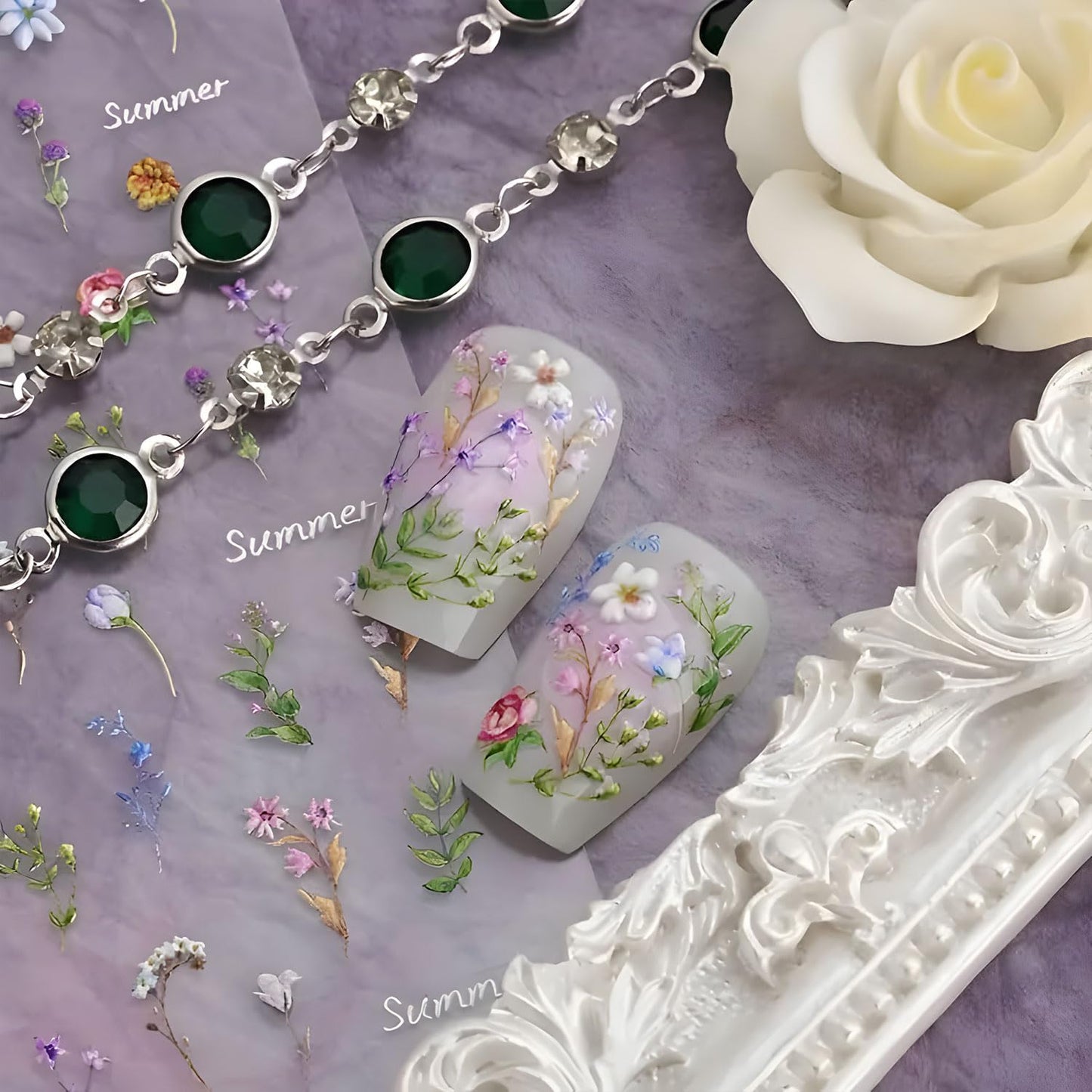 2 Sheet Flower Nail Art Stickers 5D Embossed Nail Decals Purple Floral Nail Stickers for Women Spring Summer Manicure Supplies
