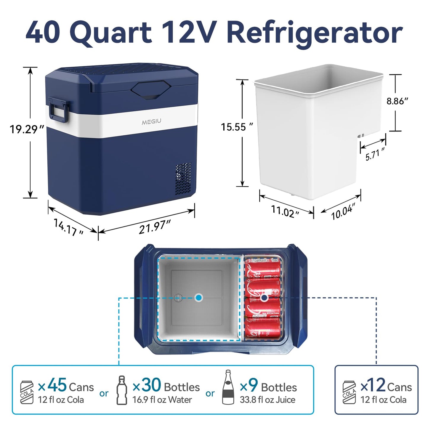 Megiu Car Fridge Portable 12V Refrigerator 40 Quart 12 Volt Freezer Compressor Cooler 12V/24V DC 110～240 V AC for Truck Van RV Camper SUV and Home Use (HC-38P5s)