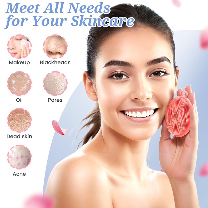 GEENOA Silicone Back Body Face Scrubbers Set 4PCS, 15.35’’ Back Scrubber Soft Body Scrubber for Dual-Side Usage, Easy-to-Hold Soft Bath Glove & Face Scrubber for Good Foaming Deep Cleaning(Pink)