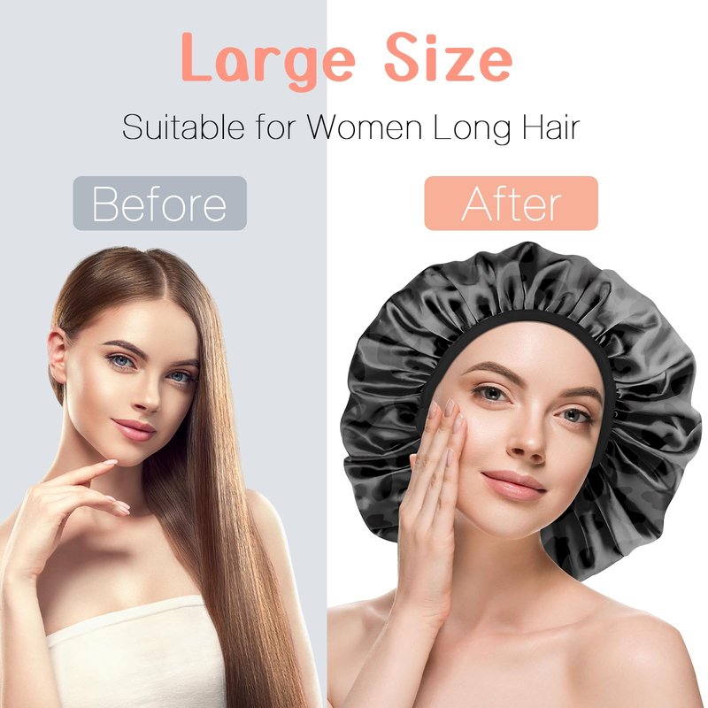 BHAHB Luxury Shower Cap Reusable Terry Cloth Lined EVA Triple Waterproof Layer Elastic Hair Bath Caps for Women Girls Cute-Black Leopard
