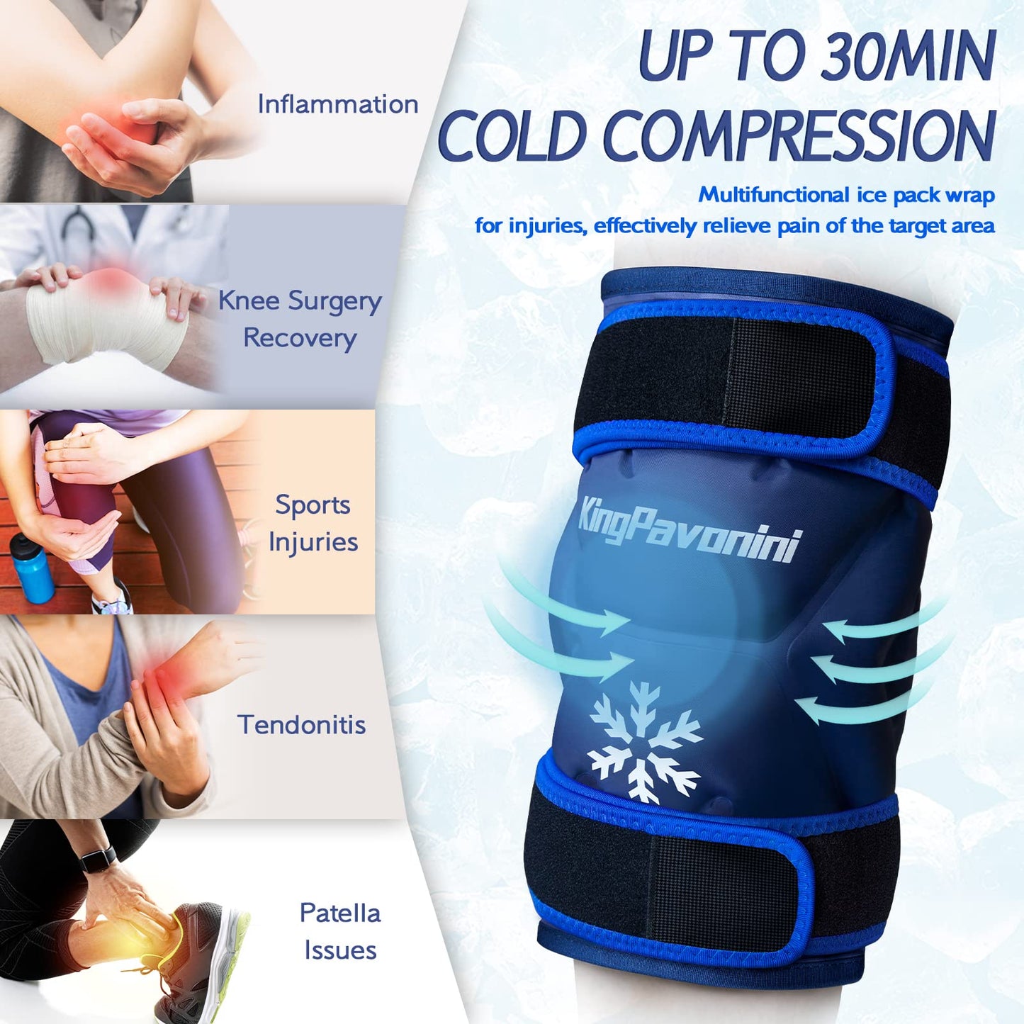 KingPavonini XXL Knee Ice Pack Wrap Around Entire Knee After Surgery, Large Reusable Gel Ice Pack for Injuries, Pain Relief, Swelling, Sports Injuries, 1 Pack (Blue)