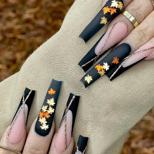 CTTHNBD Fall Press on Nails - Long Coffin Fake Nails with Maple Leaf Design - Black French Tip False Nails Press ons - for Women 24 Pcs