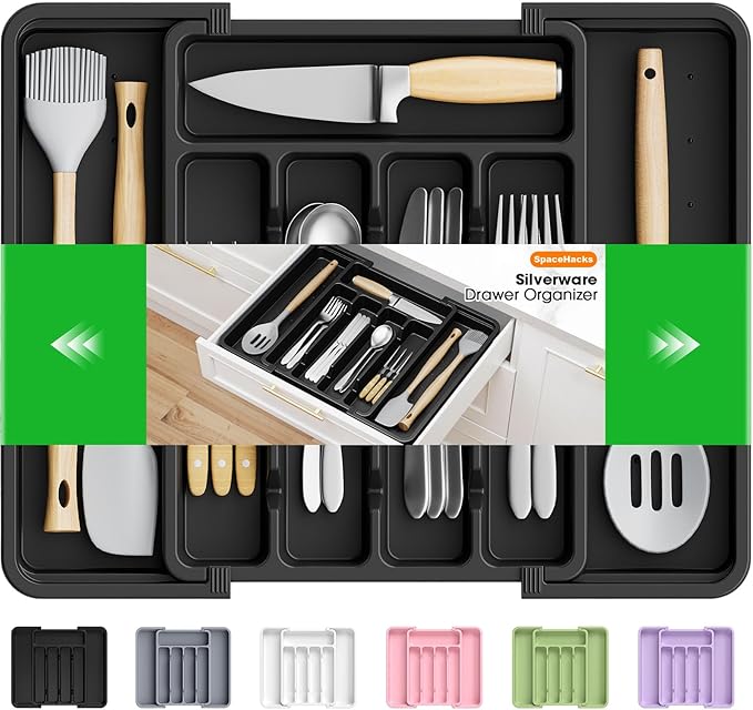 SpaceHacks Silverware Organizerï¼Adjustable & Expandable Utensil Drawer Organizer, BPA Free Utensil Holder, Cutlery Tray for Forks, Spoons, Knives in Kitchen, Medium, Black