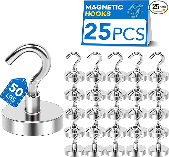 LOVIMAG Magnetic Hooks Heavy Duty 25 Pcs, 50lbs Magnets Hook for Cruise Cabins, Strong Magnets with Hooks for Classroom, Office, Neodymium Refrigerator Magnet for Fridge, Ceiling, Locker