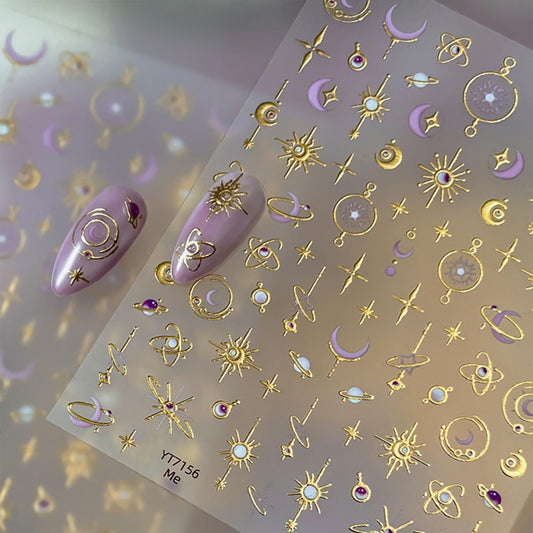 Gold Nail Art Stickers 5D Embossed Moon Star Nail Stickers Self Adhesive Planet Sun Design Metal Nail Decals Luxury Purple Gold Nails Accessories for Women Manicure