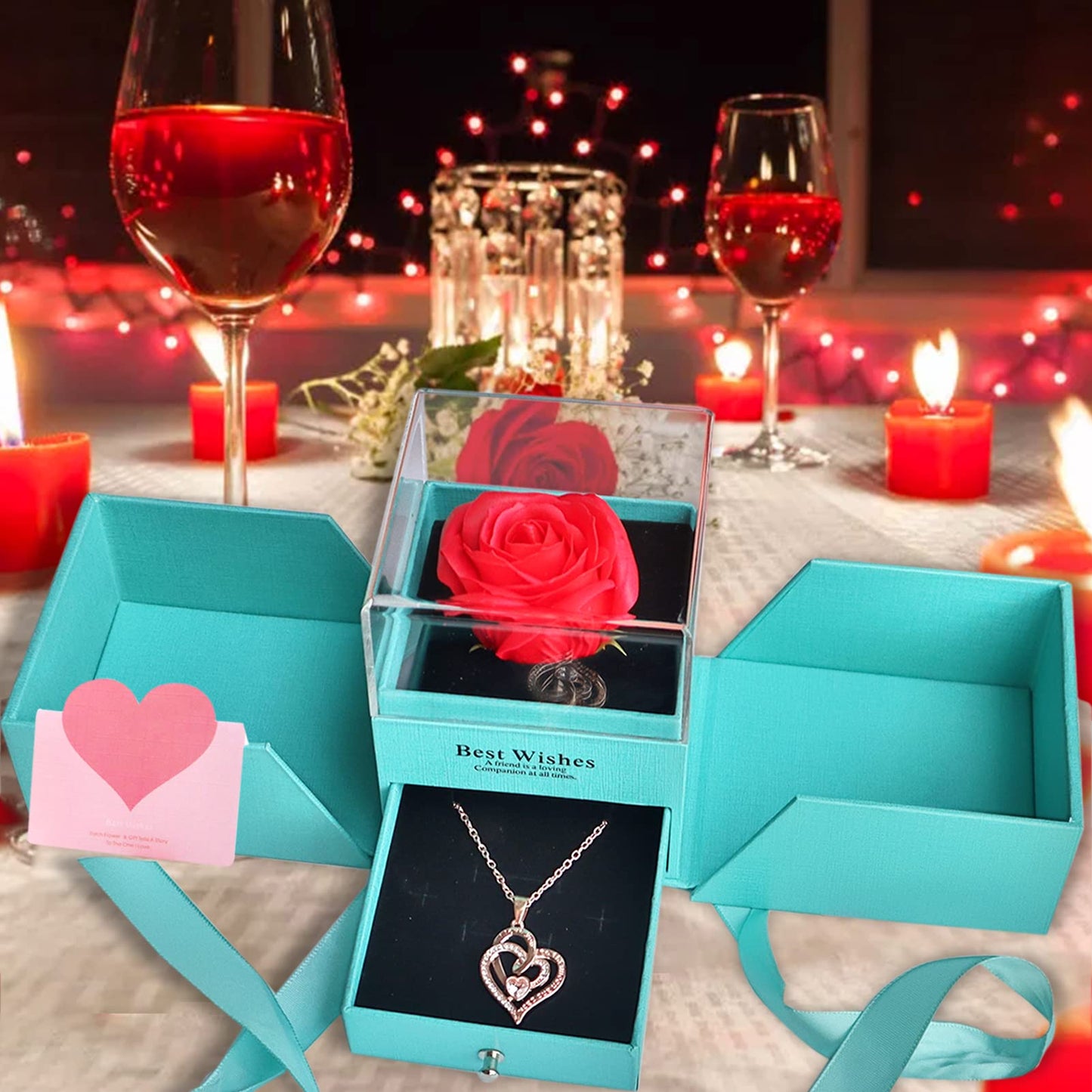 JOACHIO Mom Gifts, Preserved Rose Box with Heart Necklace,Gift Box and Cards, Gifts Ideas for Her, Gift Card Eternal Flowers for Mothers Day, Valentines, Birthday, Anniversary