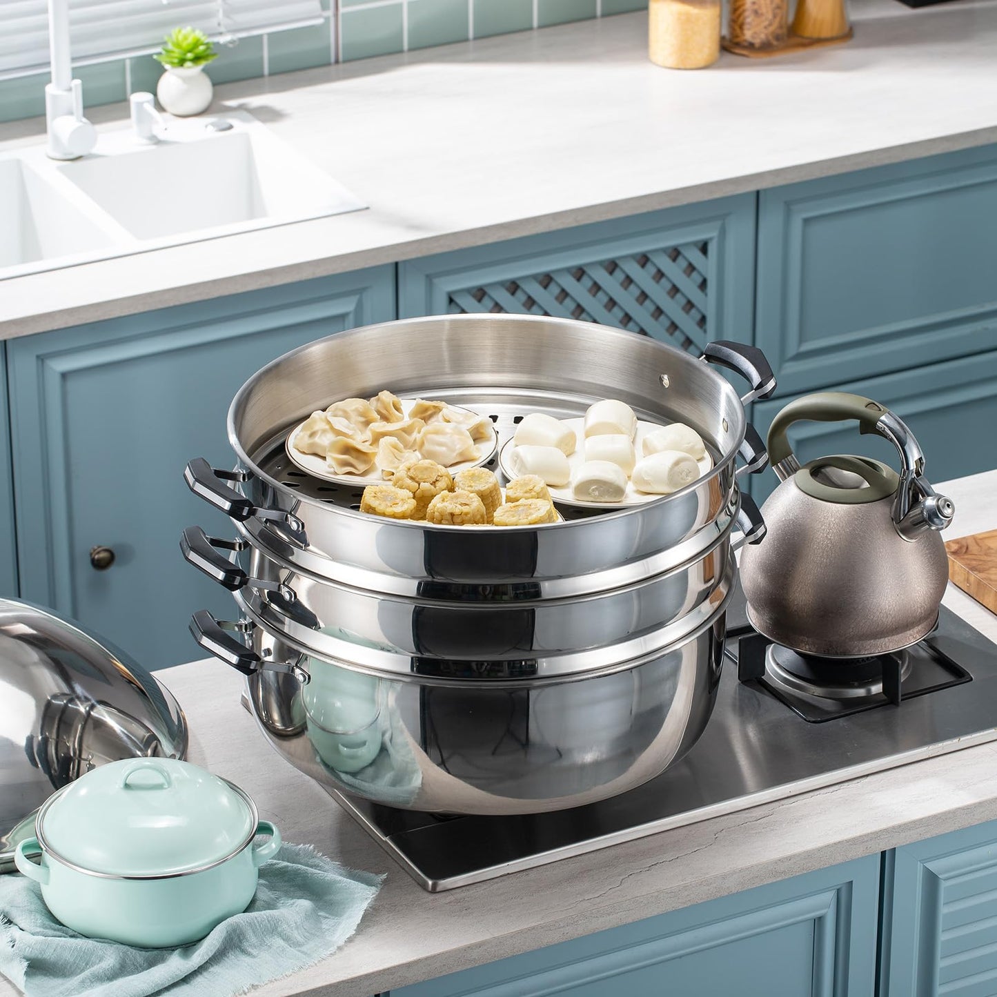 LetFeng Steamer Pot for Cooking 19 inch Steam Pots with Lid 3-Tier Multipurpose Stainless Steel Steaming Pot Cookware with Handle for Vegetable, Dumpling, Stock, Sauce, Food