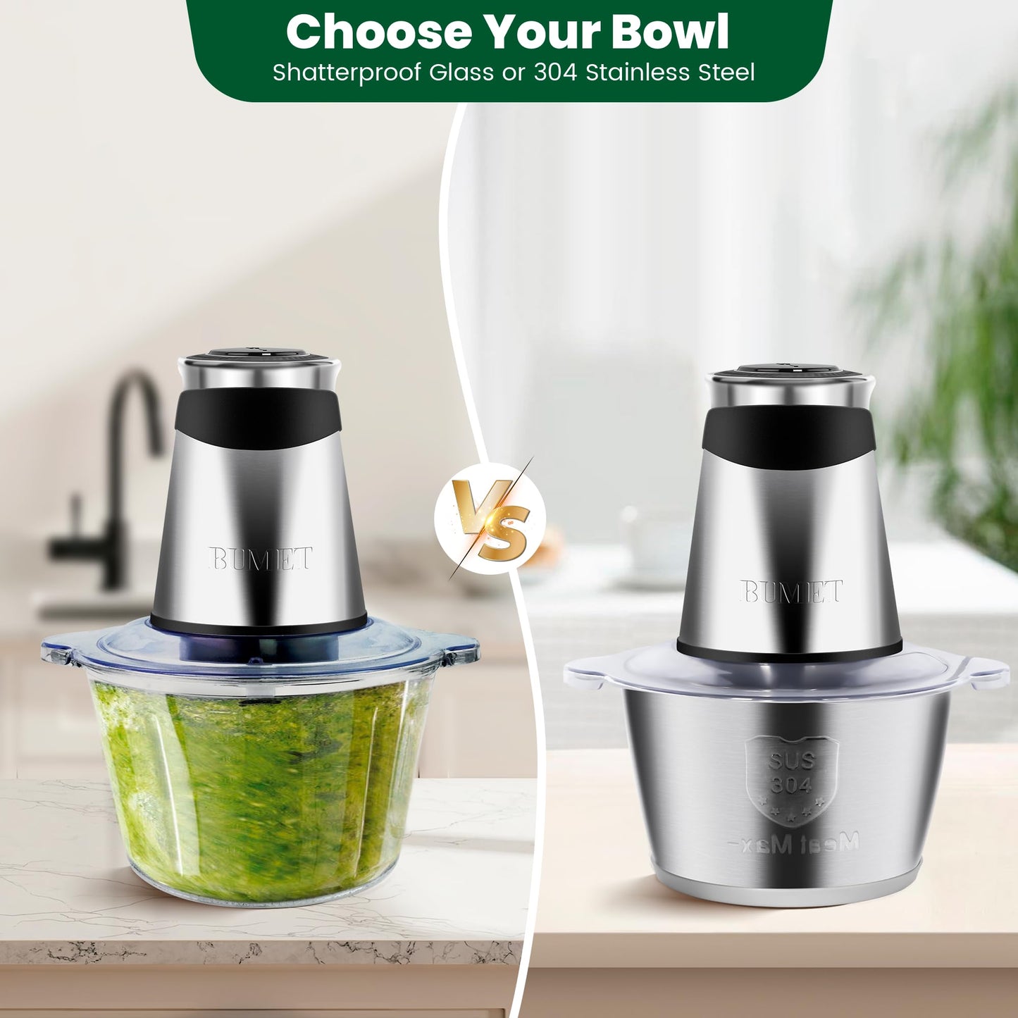 BUMET Electric food processor vegetable chopper 500W 2x8cup bowls 2 bi-layer 4 blades Small Food chopper Electric Meat grinder for home use,Mincing, and Puree for kitchen aid, baby foot, pet food