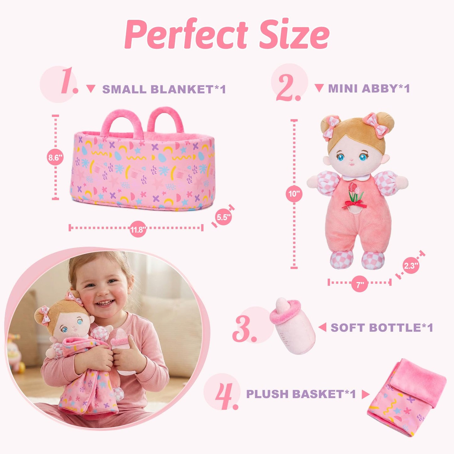 OUOZZZ Baby Doll Accessories with Soft Doll, Bassinet, Blanket and Bottle, Interactive Pretend Playset for Social Emotional Learning, Toy for 2 Year Old Girls