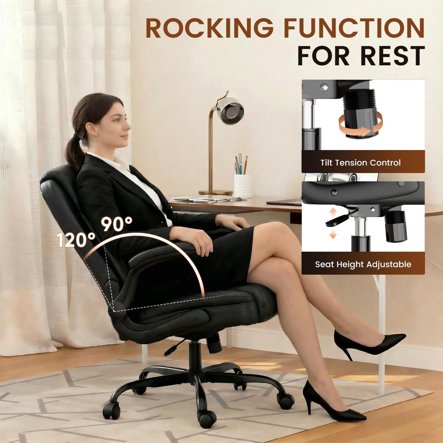 GTPLAYER Leather Office Chair 400lbs, Home Desk Chair with Flip-up Arms and Ergonomic Back - Comfy Heavy Duty Executive Chair for Home Office Gaming, Black