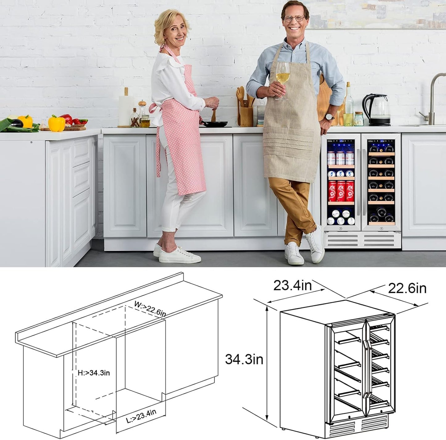 Velieta Wine and Beverage Refrigerator, 24 Inch Dual Zone Fridge with Glass Door, Built-In Cooler with Powerful and Quite Cool System/18 Bottles and 88 Cans Capacity Bverage Cooler