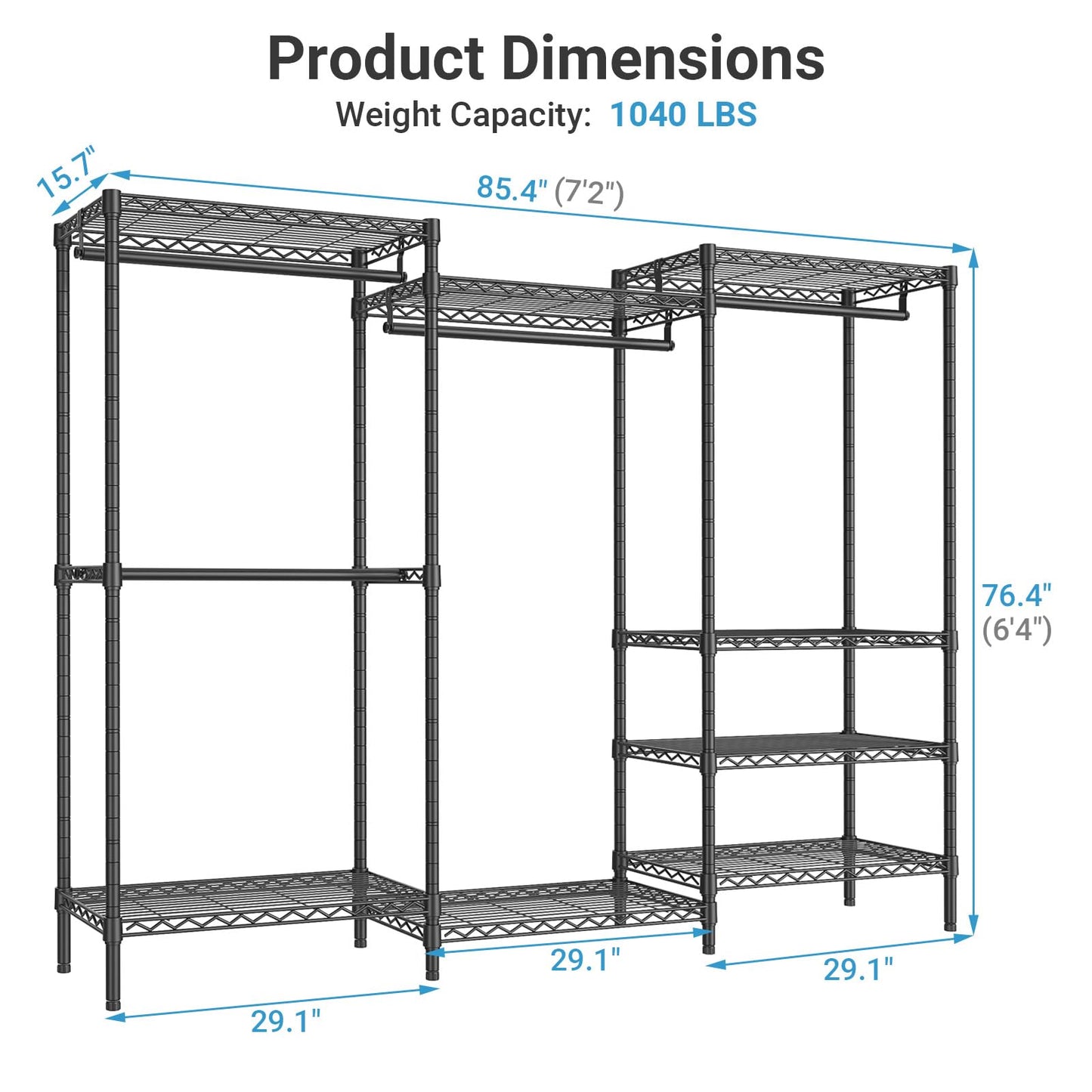 VIPEK V5 Plus Large Portable Closet Rack Freestanding Wardrobe Closet, Multi-Functional Clothes Rack Heavy Duty Metal Clothing Rack for Hanging Clothes, 85.4" L x 15.7" W x 76.4" H, Black
