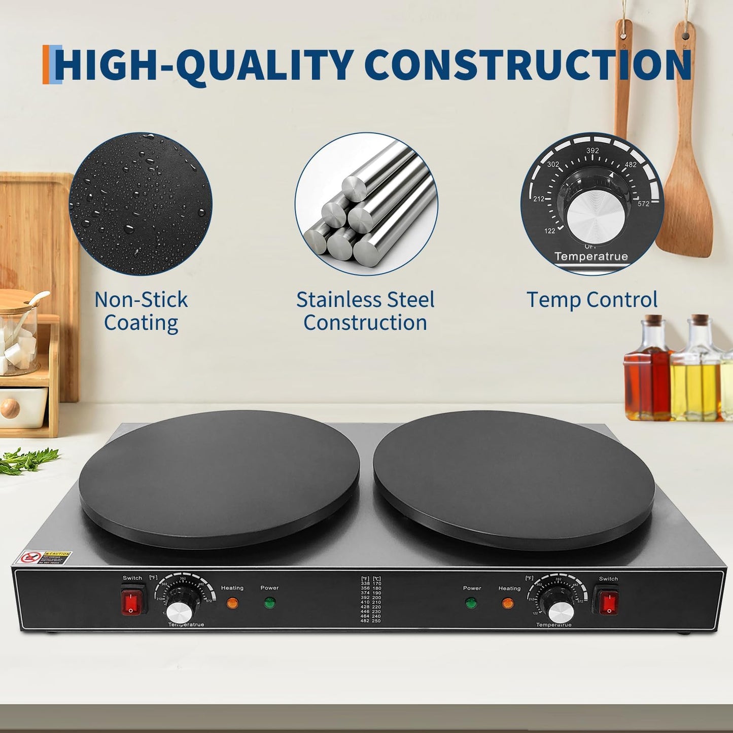 Electric Crepe Maker,3400 w 110 v Flat Plate Crepe Griddle with Double Plate and Temp Control,Non-Stick Commercial Crepe Machine for Home and Commercial Use