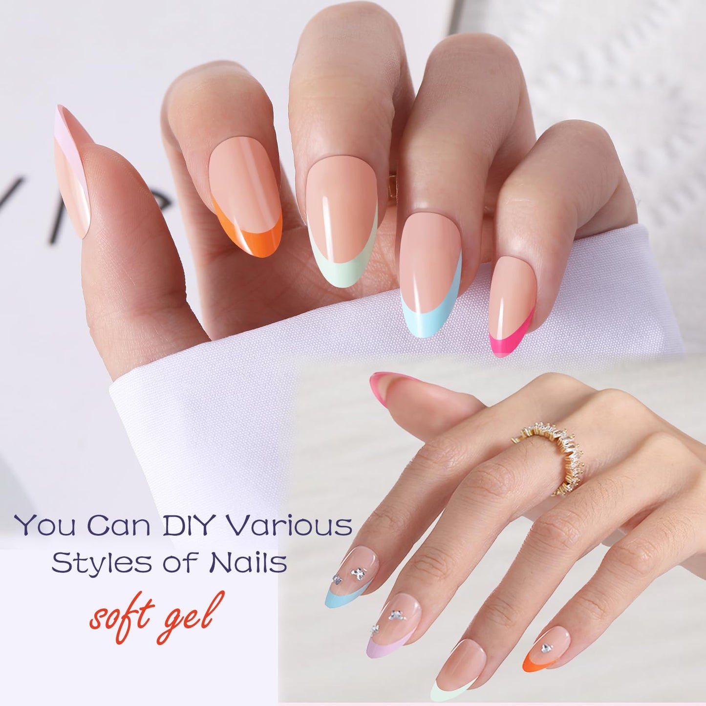 300Pcs French Tip Press on Nails, OPkssnails French Press On Nails Short Almond, Pre-shaped No Need to File 3 in 1 Gel Nail Tips, Acrylic Fake Nails for Nail Art DIY Extension Designs 15 Size