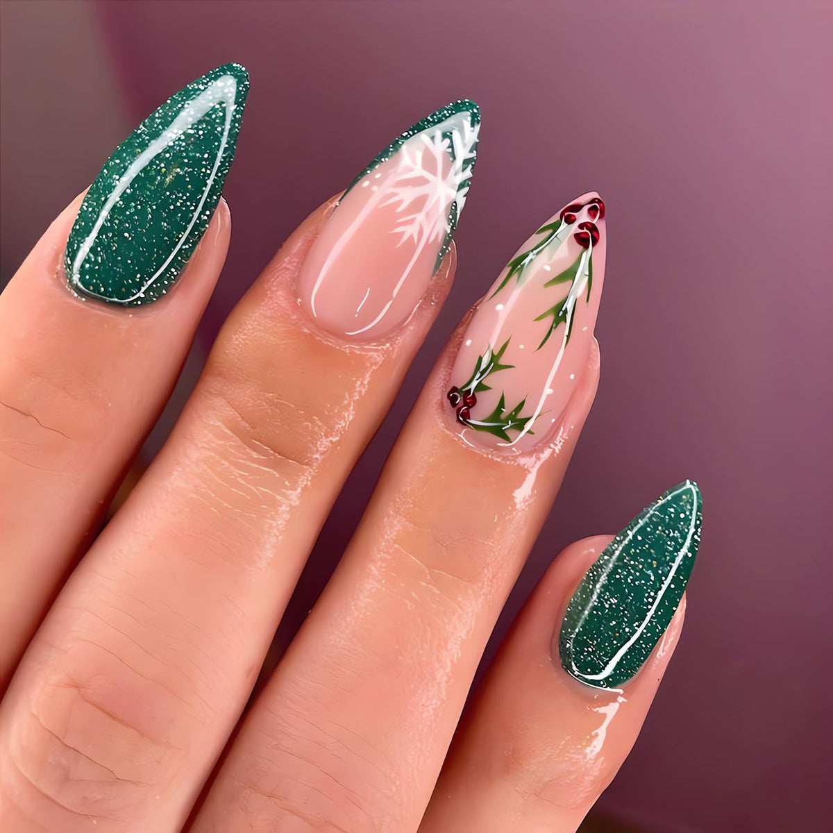 Christmas Press on Nails Almond Medium Fake Nails Green Glitter French Acrylic Nails Kit Winter False Nails with Snowflake Designs Holiday Stick on Nails Glue on Nails for Women DIY Manicure 24Pcs