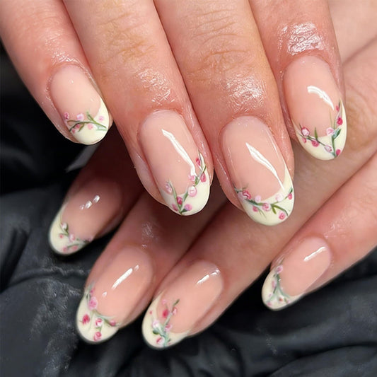 Flower Press on Nails Short Almond Fake Nails with Yellow French Tip Design Spring False Nail Reusable Glossy Full Cover Reusable Stick on Nail For Women Manicure 24 Pcs