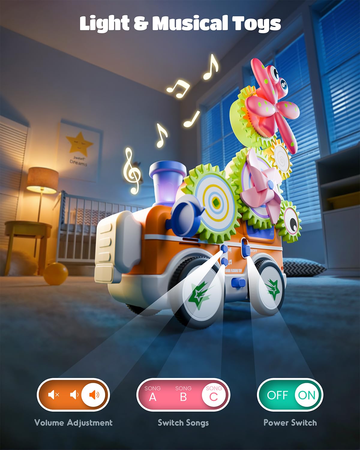 LIGHTDESIRE Montessori Toys for Toddlers 3 4 5 6 Years Old,Musical Baby Toy Train Electric Rotating Gear Flower Building Blocks Toddler Toys,Stem Toy DIY Assembly Birthday Gifts Baby Boy Girl