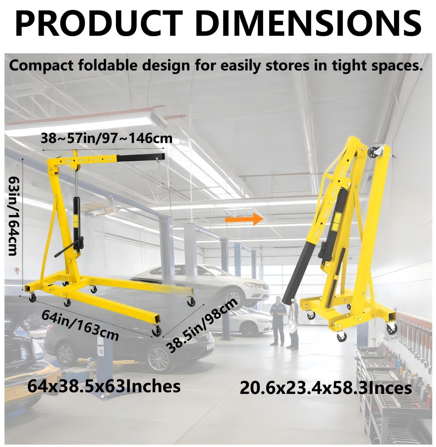 GlowSol 2 Ton Hydraulic Engine Hoist with Lever Stabilizer, Cherry Picker Engine Hoist, 4400LBS Heavy Duty Garage Crane with 6 Swivel Casters & Adjustable Telescopic Boom, for Auto Repair & Workshop